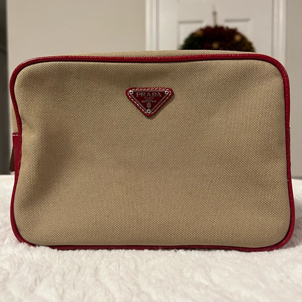 Authentic Prada Pouch in Red Leather and Canvas